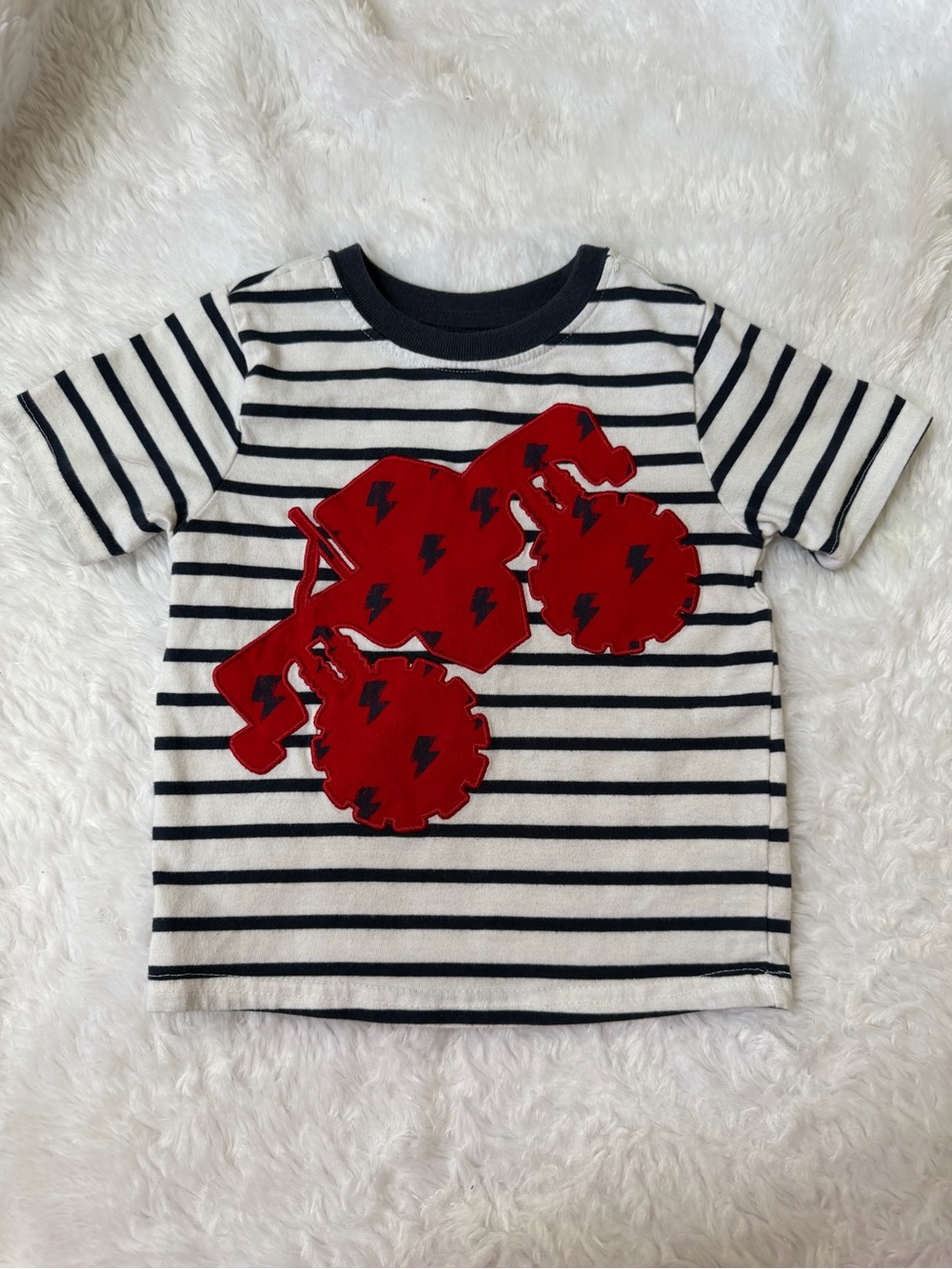Striped Navy & White Kids Tee with Red Monster Truck Applique size 2T